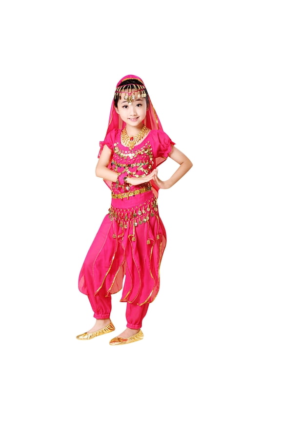 Little Girls Belly Dance Outfits Sequins Crop Top Mesh Pants Dancewear Set Kids 2Pcs Set, Sizes 3-12