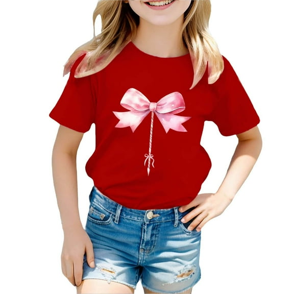 WOYY Little Girls Bow Print Graphic Tee Short Sleeve Summer T Shirt Cotton Casual T-Shirt