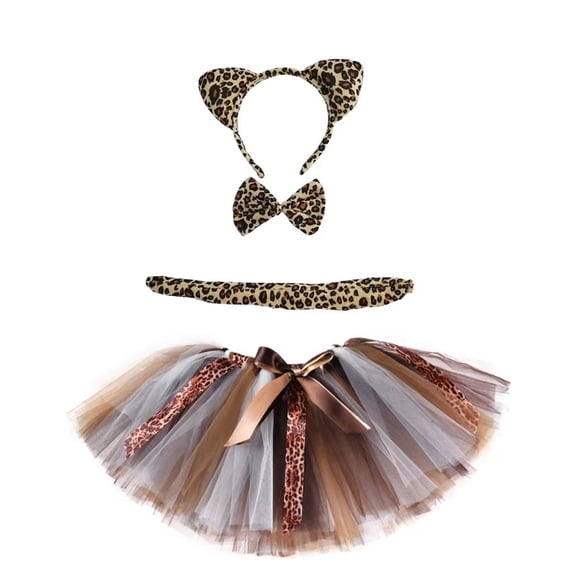 WOYY Little Girls Carnival Party Leopard Tutu Skirt Headband Tail 3Pcs Set, Sizes 5-6