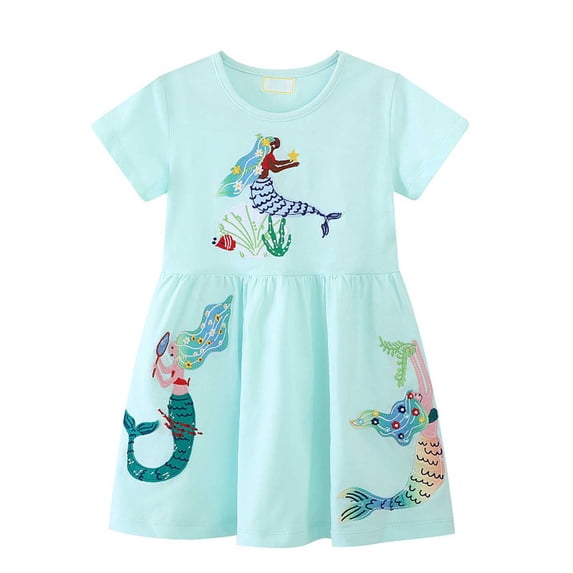 WOYY Little Girls Cartoon Dress Short Sleeved Casual T-Shirt Dress,Sizes 1-7