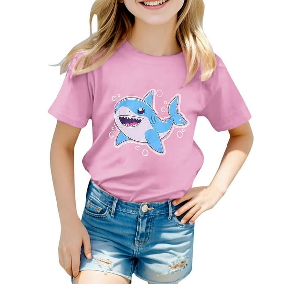 WOYY Little Girls Cartoon Shark Print Short Sleeved T-Shirt Kids Graphic Tee, Sizes 1-13