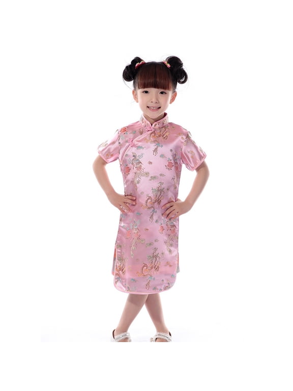 Little Girls Cheongsam Dress Silk Satin Short Sleeve Chinese Dress, Sizes 6M-10Y