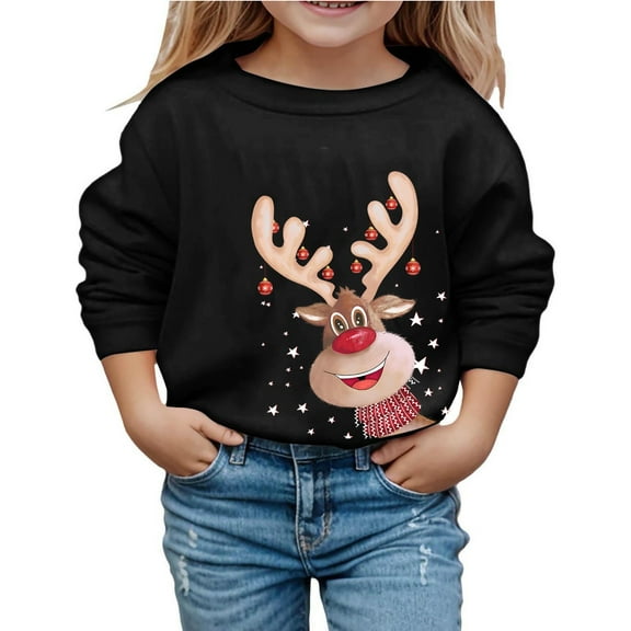 WOYY Little Girls Christmas Sweatshirt Reindeer Print Crewneck Pullover Sweatshirts Top