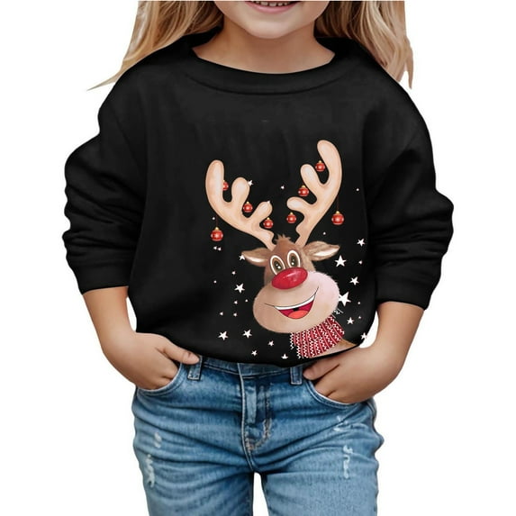 WOYY Little Girls Christmas Sweatshirt Reindeer Print Crewneck Pullover Sweatshirts Top