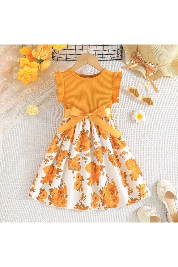 Little Girls Cotton Bowknot Ribbed Dress Ruffle Sleeves A Line Dress, Sizes 3-7