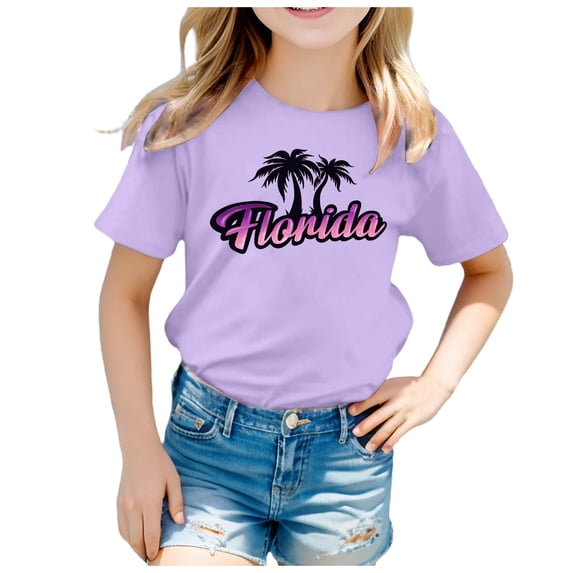 WOYY Little Girls Cotton T Shirt Florida Printed Short Sleeved Crew Neck T-Shirt Tee