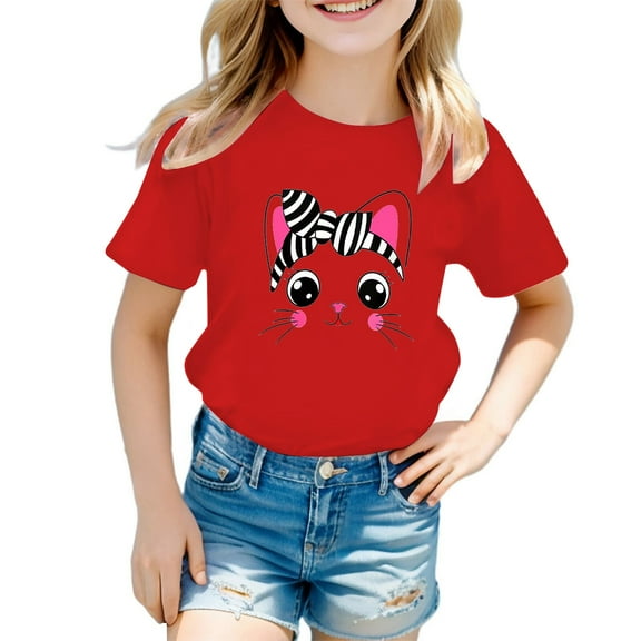 WOYY Little Girls Cute Graphic T-Shirt Cartoon Cat Print Cotton Short Sleeve T Shirt