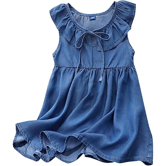 WOYY Little Girls Denim Dress Ruffle Sleeveless Sundress Casual Soft A-Line Jean Dress