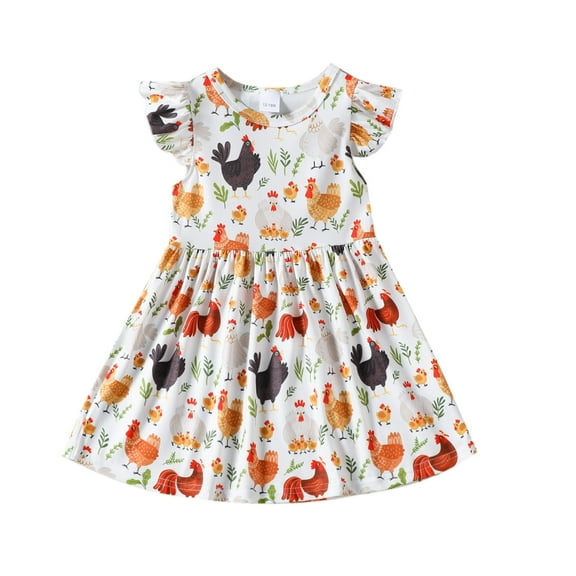 WOYY Little Girls Dress Rooster Print Summer Dress with Flutter Sleeves, Sizes 6M-4T