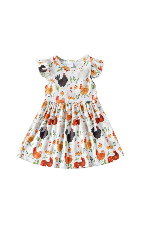 Little Girls Dress Rooster Print Summer Dress with Flutter Sleeves, Sizes 6M-4T