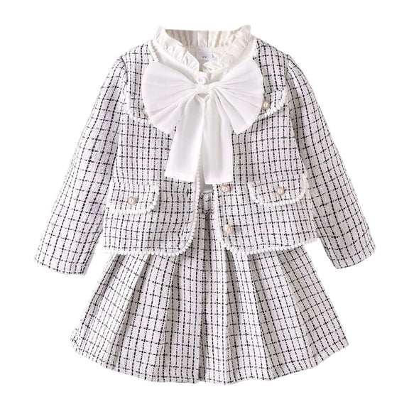 WOYY Little Girls Elegant Outfits Bow Plaid Jacket with Pleated Skirt Set, Sizes 5-6