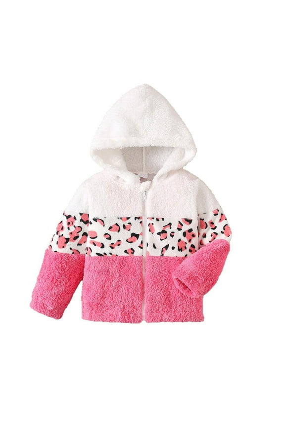 Little Girls Fleece Jacket Leopard Color Block Zip Up Hooded Coat, Sizes 5-6