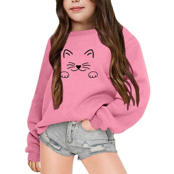 WOYY Little Girls Lined Sweatshirt Cartoon Cat Print Crew Neck Long Sleeve Shirt
