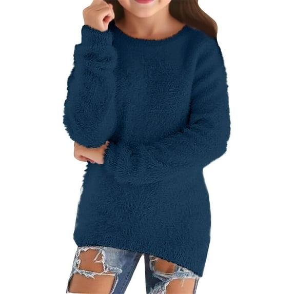 WOYY Little Girls Sweater Solid Fuzzy Crew Neck Pullover Knitwear Cozy Sweater