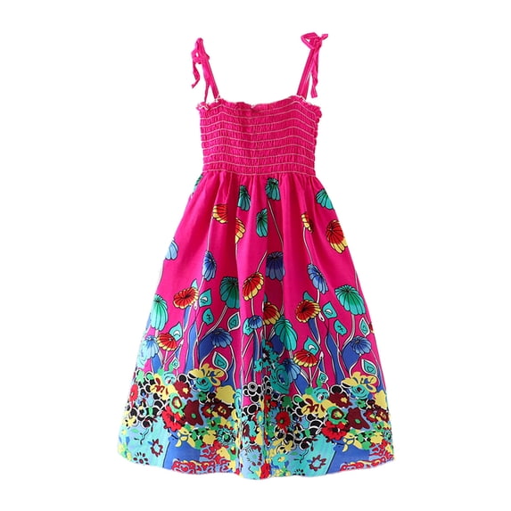 WOYY Little Girls Floral Bohemian Dress Sleeveless Strap Smocked Beach Dress, Sizes 2-9