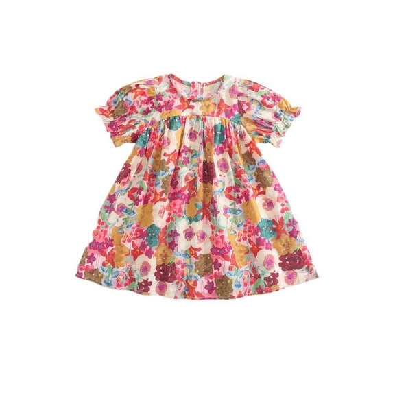WOYY Little Girls Floral Dress Short Sleeve Round Neck Summer Dress, Sizes 5-6Y