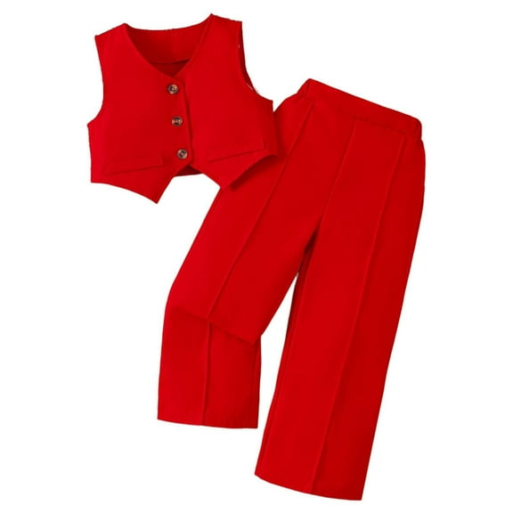 WOYY Little Girls Formal 2 Piece Outfit Solid Tuxedo Vest with Trousers Suit, Red