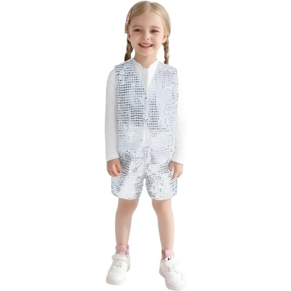 WOYY Little Girls Glitter Party Sleeveless Vest Shorts Set Sequins Outfits, Sizes 5-6