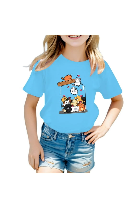 Little Girls Graphic T-Shirt Cute Cartoon Cat Print Short Sleeve T Shirt, Sizes 3-12