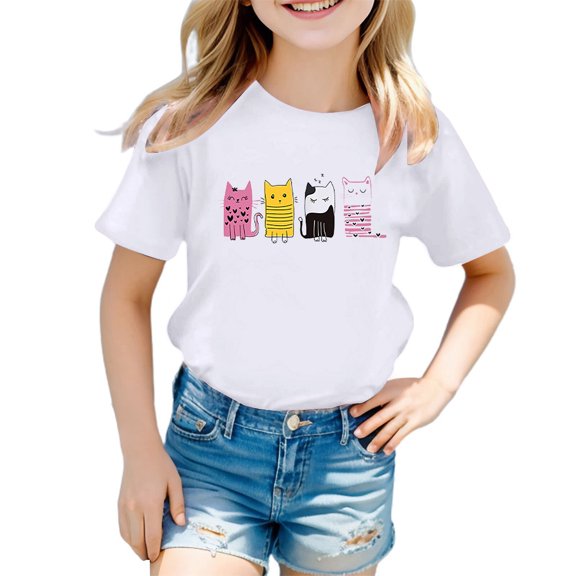 WOYY Little Girls Graphic Tee Cartoon Cat Print Cotton Short Sleeved T-Shirt for Kids