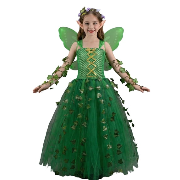 WOYY Little Girls Halloween Role Play Tulle Fairy Dress with Accessories Outfits, Green