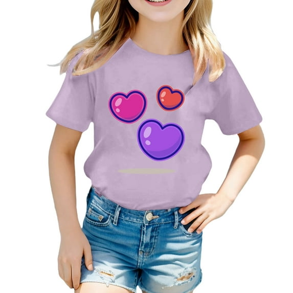 WOYY Little Girls Heart Print Short Sleeve T Shirt Summer Casual T-Shirt, Sizes 3-13