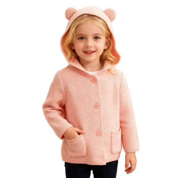 WOYY Little Girls Hooded Sweater Bear Ears Hooded Knitted Cardigan Coat, Sizes 5-6