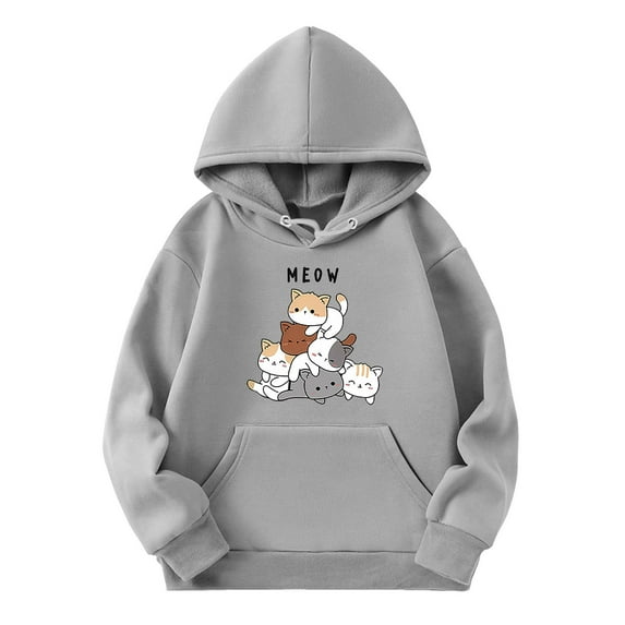 WOYY Little Girls Hoodie Cartoon Cat Print Hooded Sweatshirt Casual Pullover Hoodies