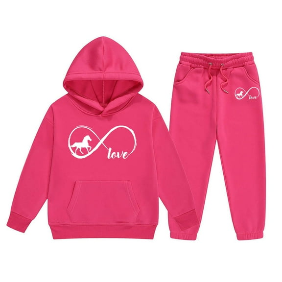 WOYY Little Girls Hoodie Set Horse Print Hooded Sweatshirt Joggers Outfits, Sizes 6-7