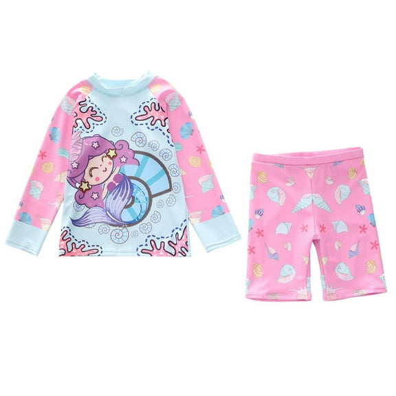 WOYY Little Girls Long Sleeve Rash Guard Shorts Swimsuit Cartoon Print Swimwear, Sizes 2-12