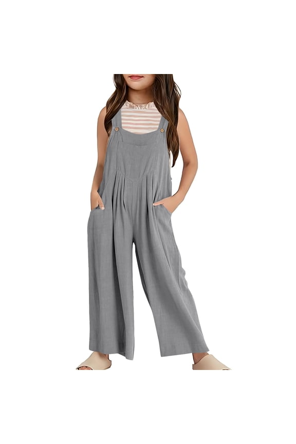 Little Girls Loose Fit Overalls Casual Solid Romper Sleeveless Jumpsuit, Sizes 5-6