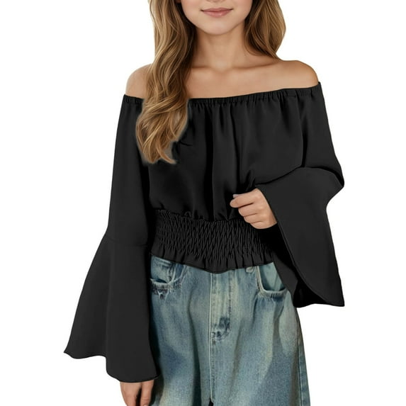 WOYY Little Girls Off Shoulder Blouse Solid Color Flare Sleeve Tunic Shirt, Sizes 5-6