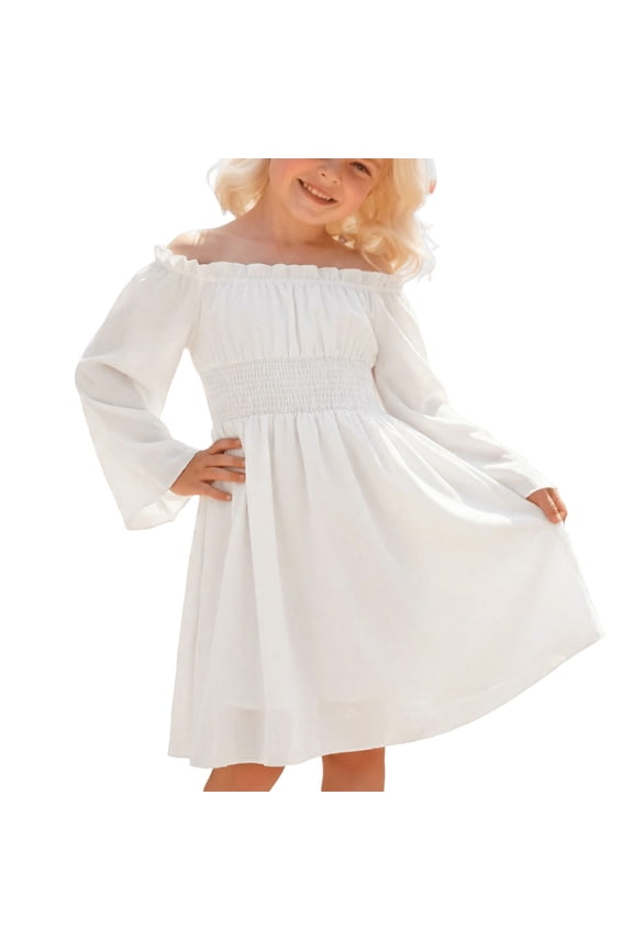 Little Girls Off Shoulder Smocked Dress Elegant Long Sleeve White Dress, Sizes 5-6