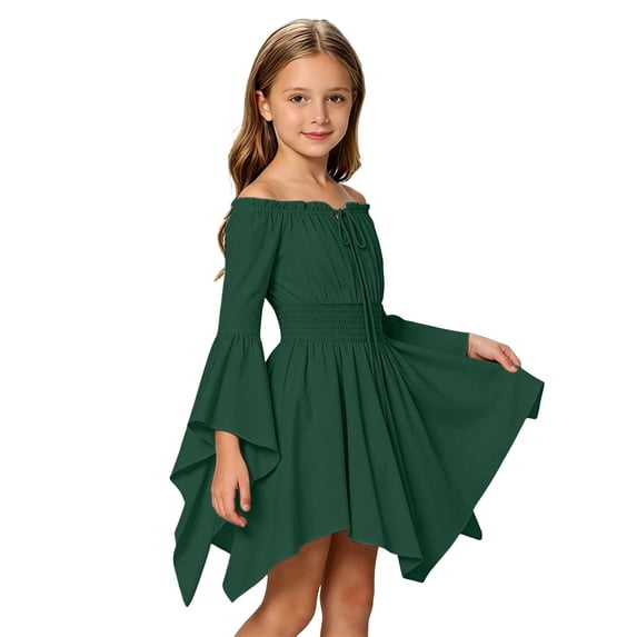 WOYY Little Girls Off The Shoulder Medieval Dress Bell Sleeve Asymmetrical Swing Dresses, Green