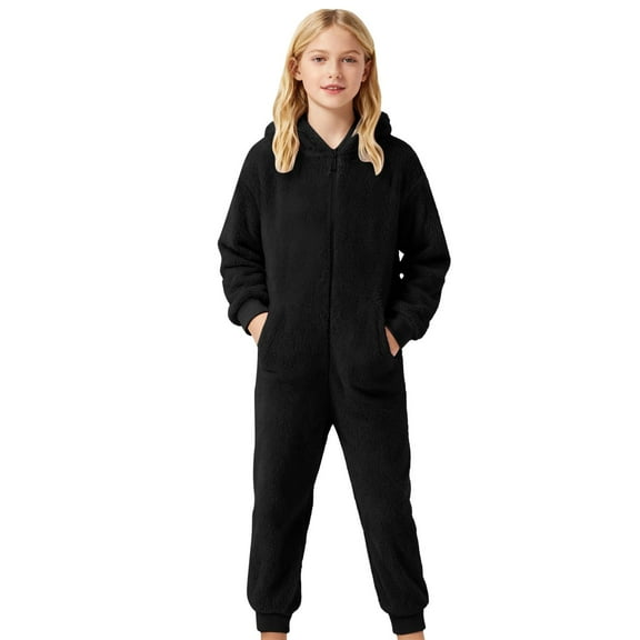 WOYY Little Girls Onesies Soft Hooded Jumpsuit Zipper One-Piece Pajama, Sizes 5-6