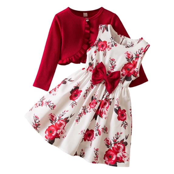 WOYY Little Girls Outfits Floral Print Bow Sleeveless Dress with Cardigan Top, Sizes 2-7