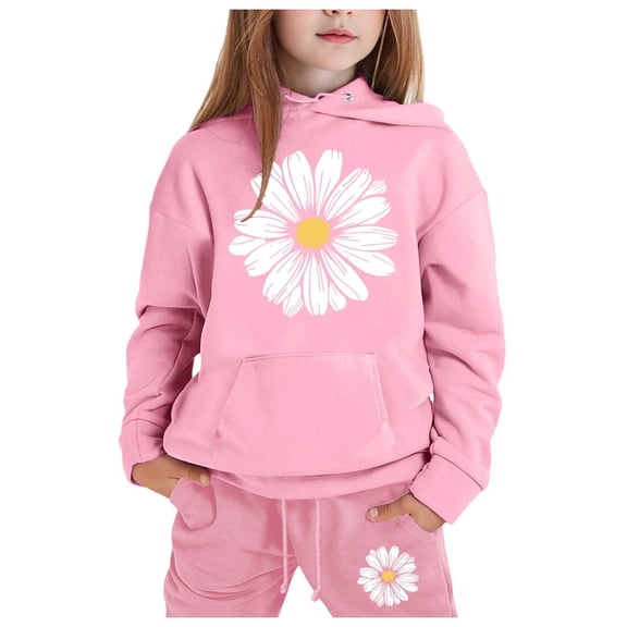 WOYY Little Girls Outfits Flower Print Fleece Hoodie Jogger Pants Sweatsuits, Sizes 6-7