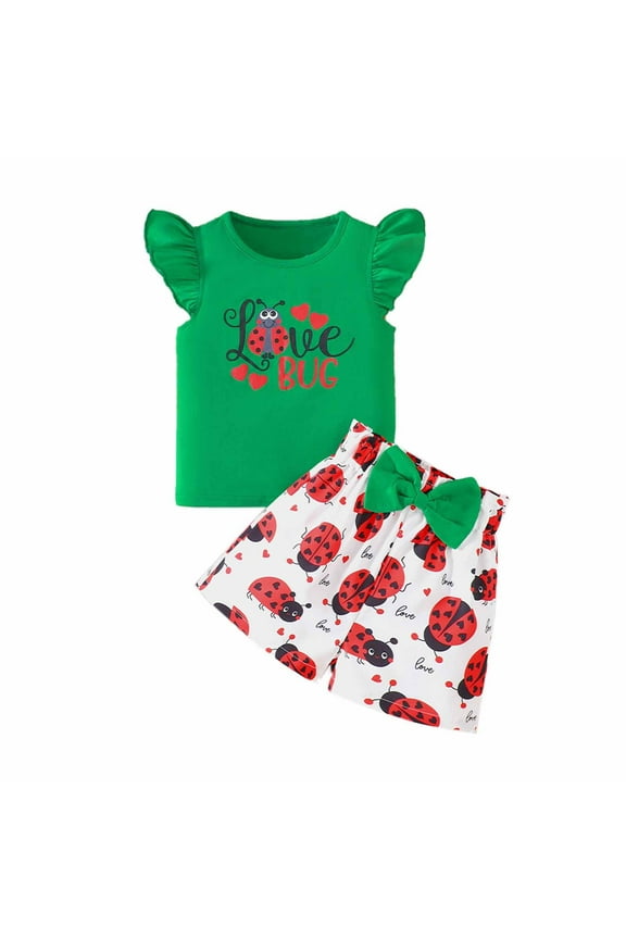 Little Girls Outfits Ladybug Print Flutter Sleeve T Shirt Shorts Set, Sizes 5-6Y