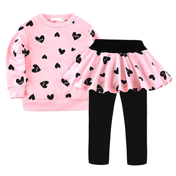 WOYY Little Girls Outfits Valentine's Day Outfit Hearts Print Sweatshirt Legging Skirt Set, Sizes 6-7
