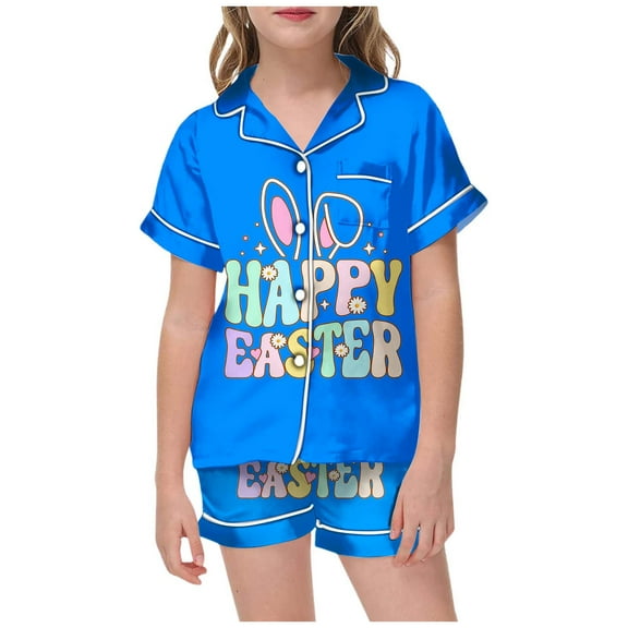 WOYY Little Girls Pajama Set Satin Easter Letter Print Nightwear Sleepwear,2-Piece,Sizes 2-13T