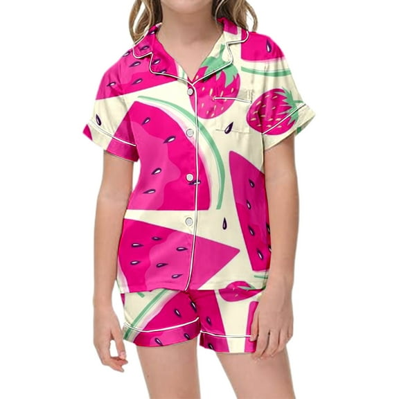 WOYY Little Girls Pajama Set Watermelon Print Button-Down Pocket Shirt Shorts Sleepwear