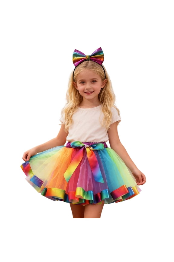 Little Girls Party Rainbow Tutu Skirt Ballet Dance Puffy Tulle Skirt with Headband, Sizes 4-6