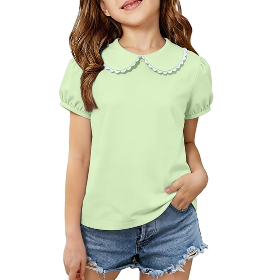 WOYY Little Girls Polo Shirt School Uniform Peter Pan Collar Short Sleeve Shirt, Green