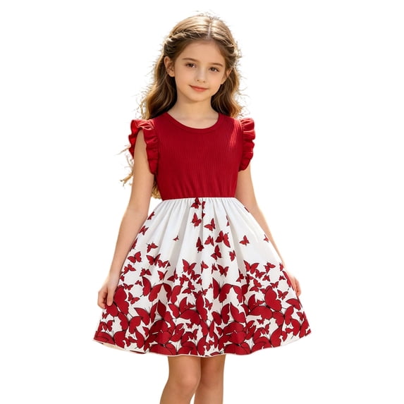 WOYY Little Girls Ruffle Sleeveless Midi Dress Casual Butterfly Print Ribbed A Line Dress, Red