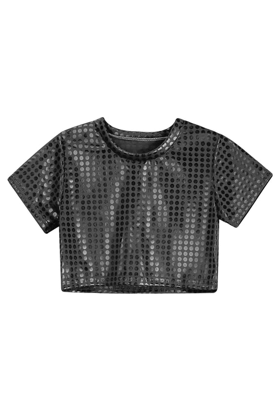 Little Girls Sequin Glitter Crop Top Short Sleeve Crewneck T-Shirt Dancewear Tee