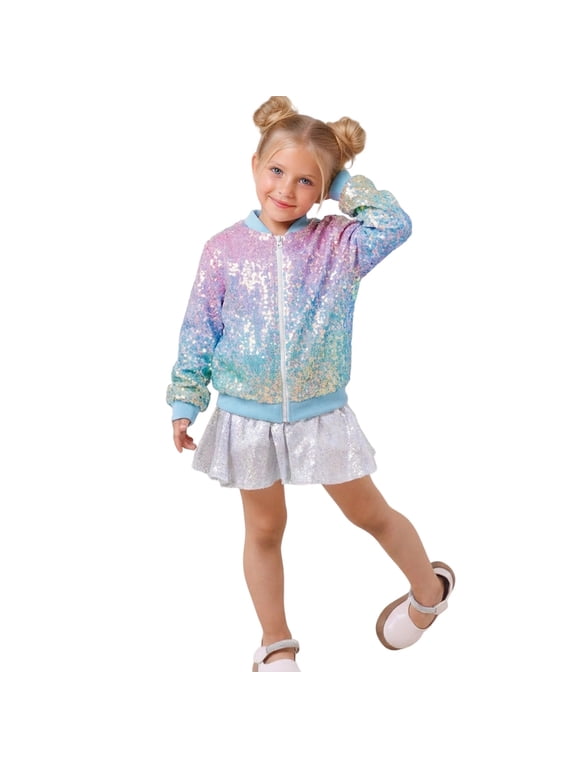 Little Girls Sequin Sparkly Jacket Glitter Fashion Gradient Bomber Jacket, Sizes 6-7