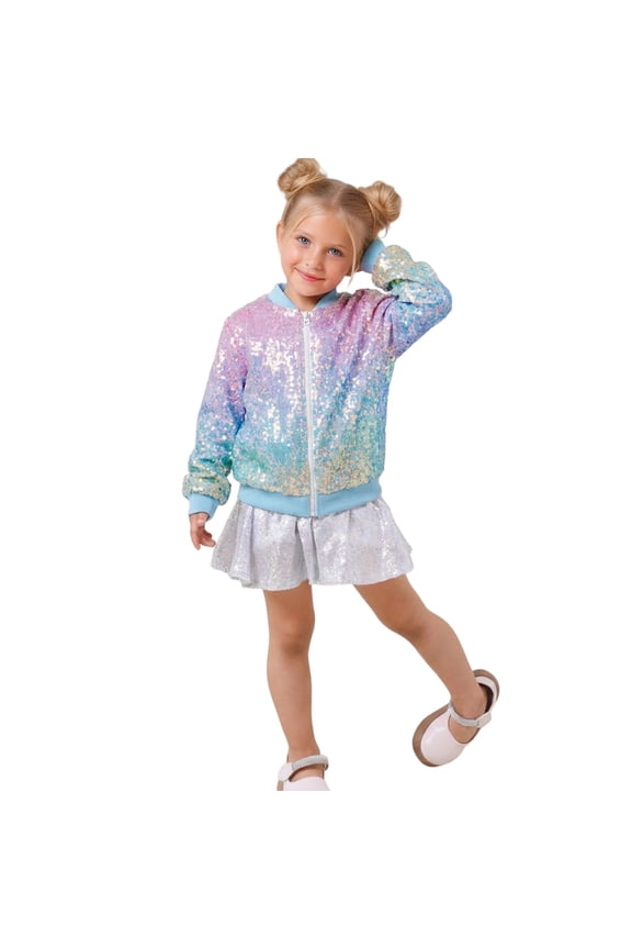 Little Girls Sequin Sparkly Jacket Glitter Fashion Gradient Bomber Jacket, Sizes 6-7