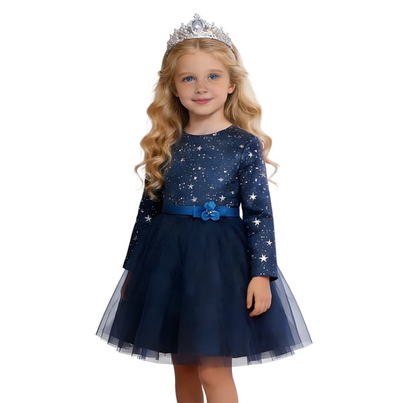 WOYY Little Girls Sequins Glitter Party Dress Long Sleeve Tutu Princess Dress, Sizes 5-6