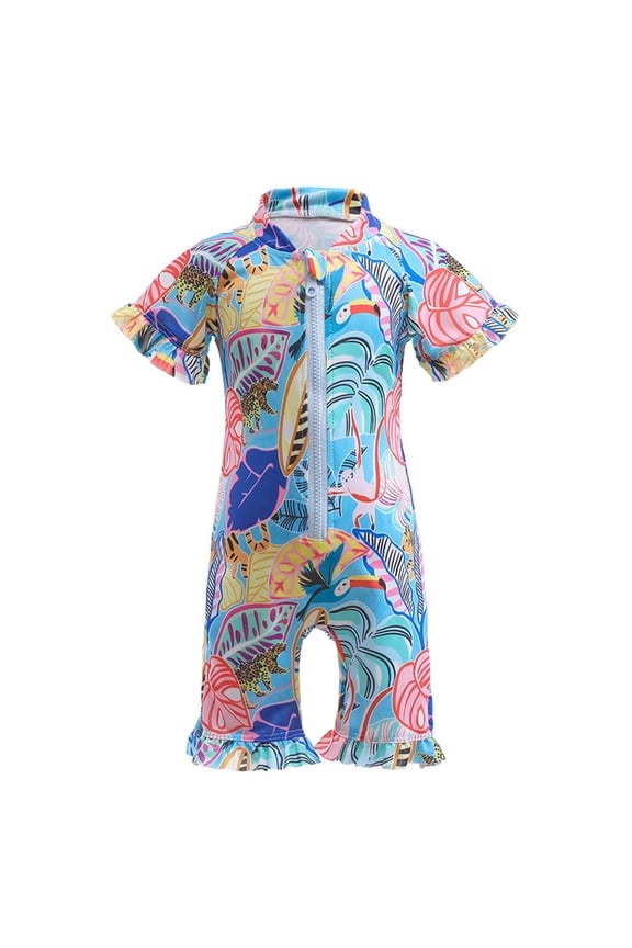 Little Girls Short Sleeve Rash Guard Cartoon Ruffle UPF 50+ One-Piece Swimsuit
