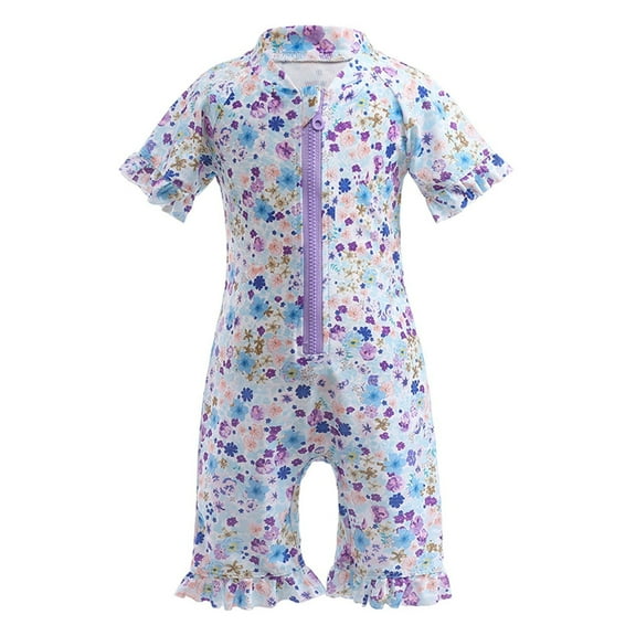 WOYY Little Girls Short Sleeve Rash Guard Cartoon Ruffle UPF 50+ One-Piece Swimsuit